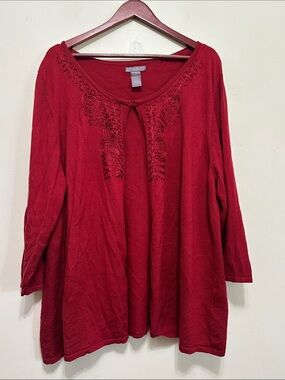 Laura Scott Red Embroidered Scoop Neck Tunic